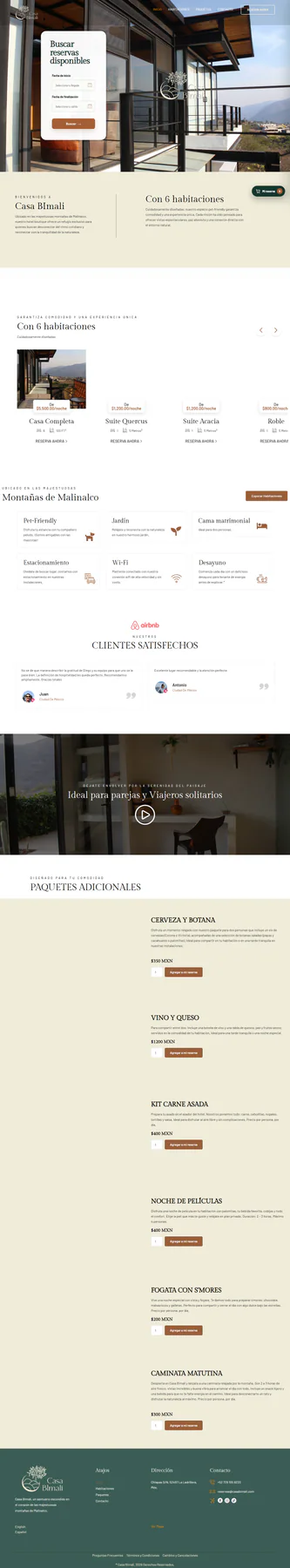 Sitio web de Casa Bimali, hotel boutique en las montañas