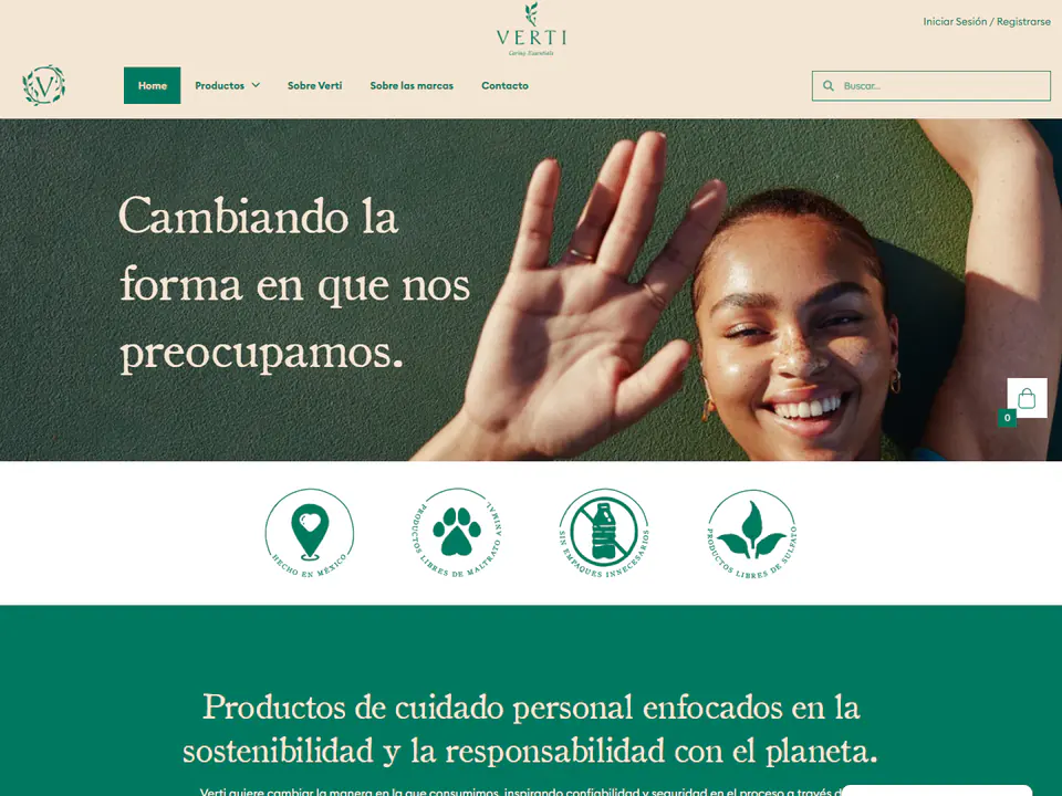 Página de inicio de Verticare con productos de cuidado personal sostenible